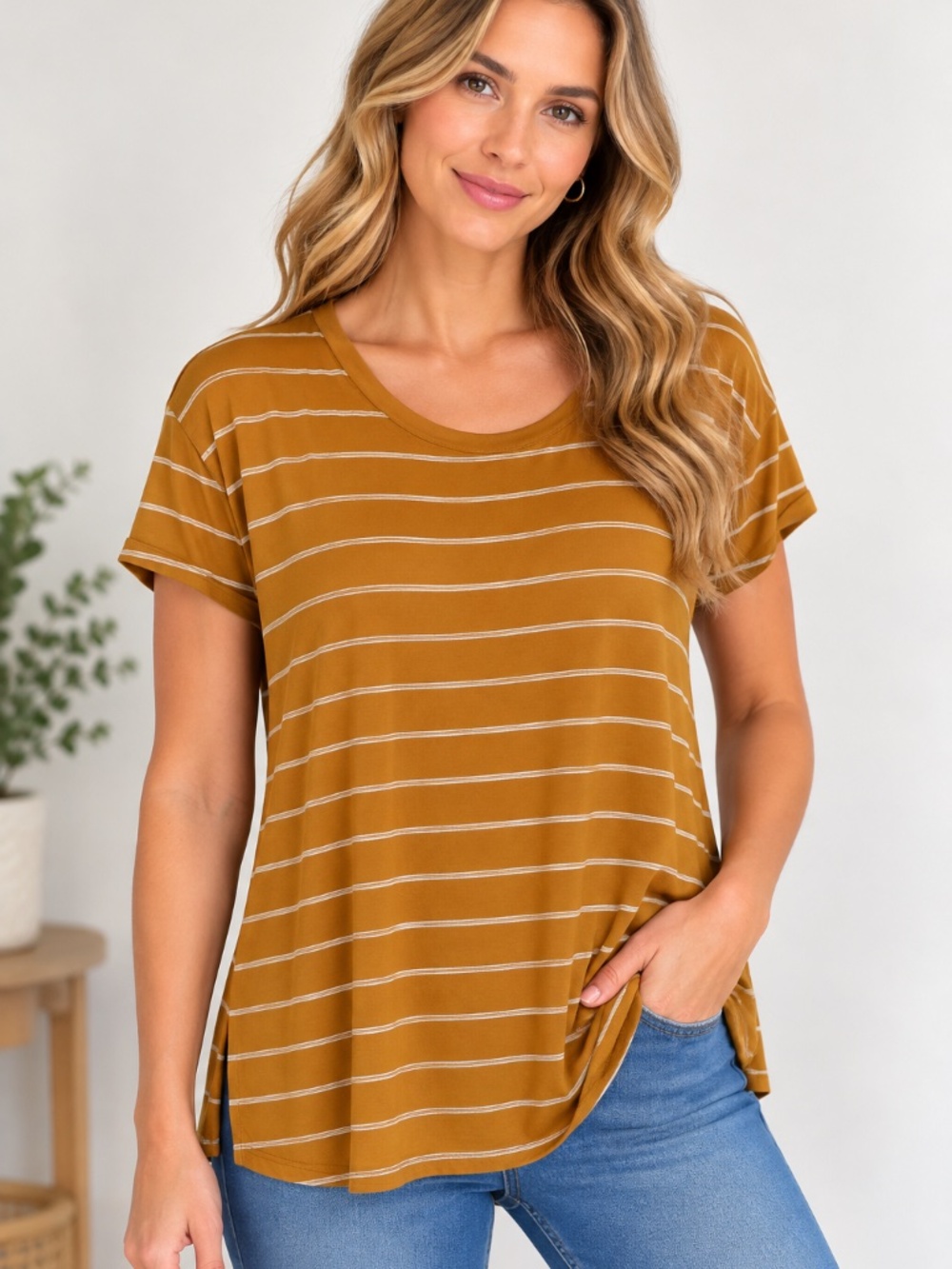 Terra & Sky Women’s Orange & White Striped Short Sleeve Top, size 1X
